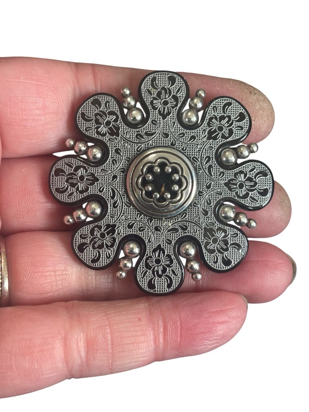 Vintage Black Acrylic Ornate Floral Brooch Silver Tone Filigree Statement 80s
